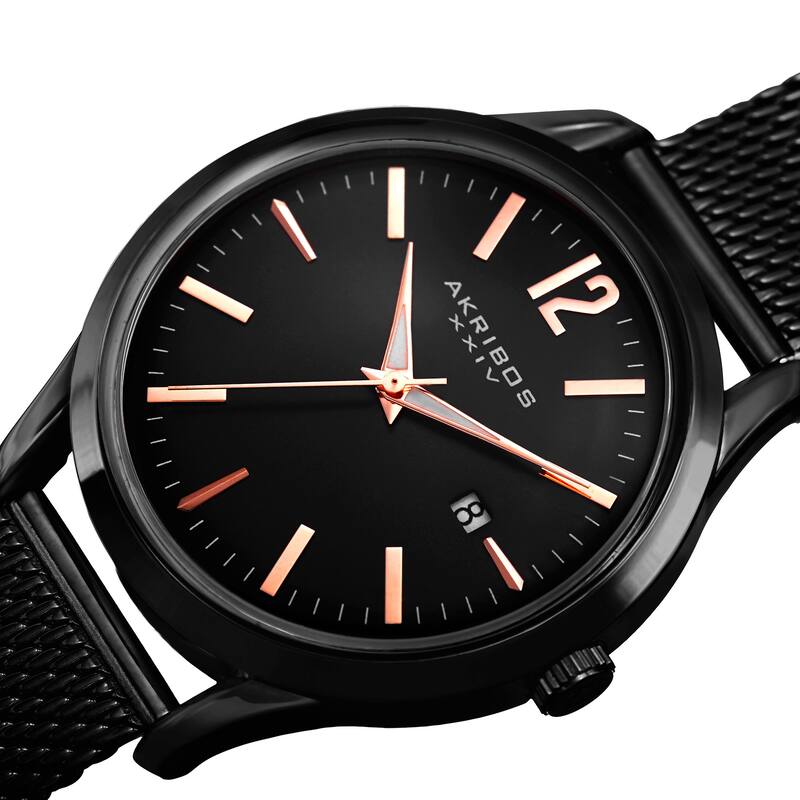 Akribos XXIV Men's Quartz Easy-to-Read Black Stainless Steel Mesh Strap Watch