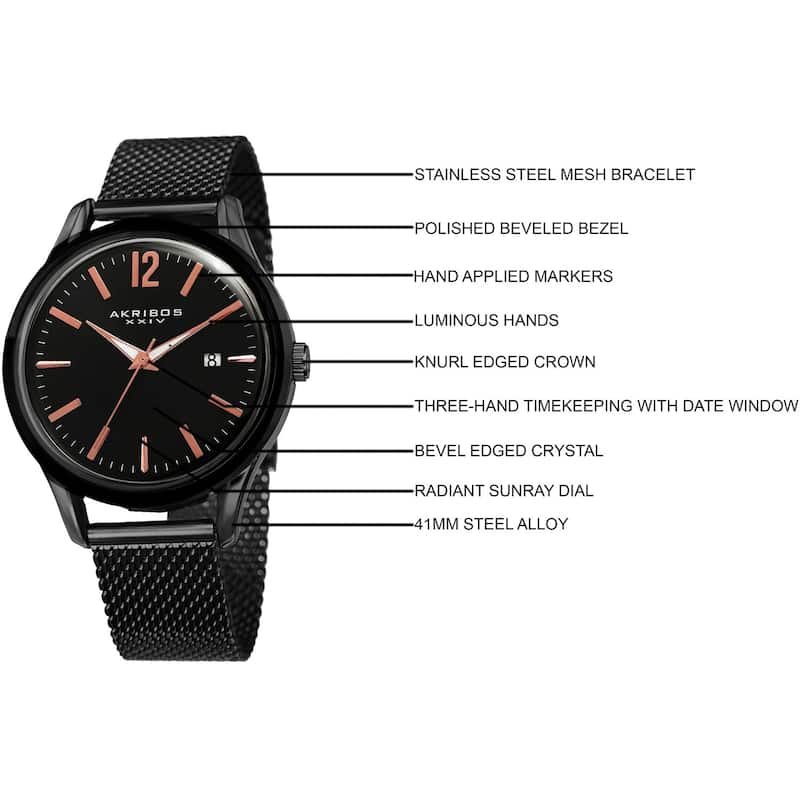 Akribos XXIV Men's Quartz Easy-to-Read Black Stainless Steel Mesh Strap Watch
