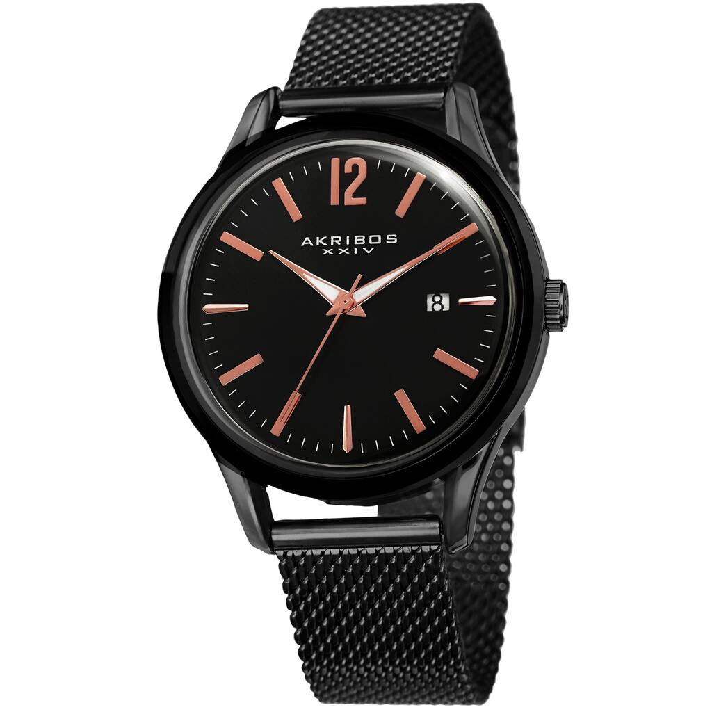 Akribos XXIV Men's Quartz Easy-to-Read Black Stainless Steel Mesh Strap Watch