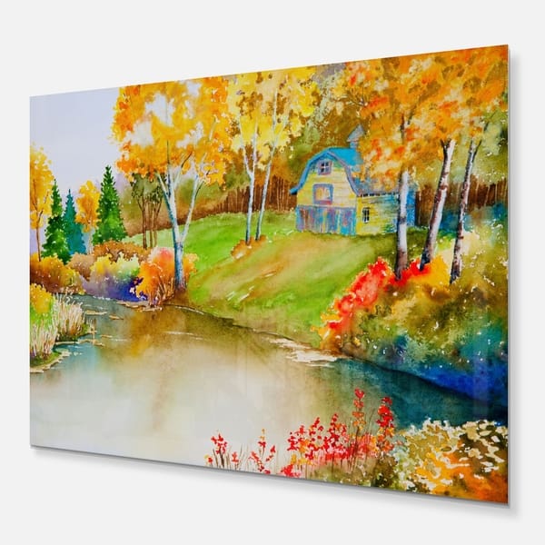 Designart House And Quiet Pond In Fall Landscape Metal Wall Art Overstock 11867219