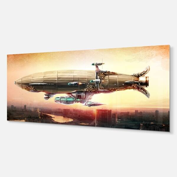 Designart Dirigible Balloon In Sky Over City Digital Metal Wall Art Overstock Designart Dirigible Balloon In Sky Over City Digital Metal Wall Art Overstock