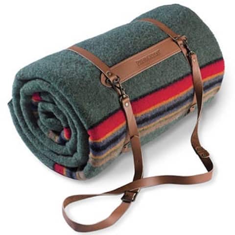 Pendleton Yakima Green Heather Twin Blanket with Leather Carrier