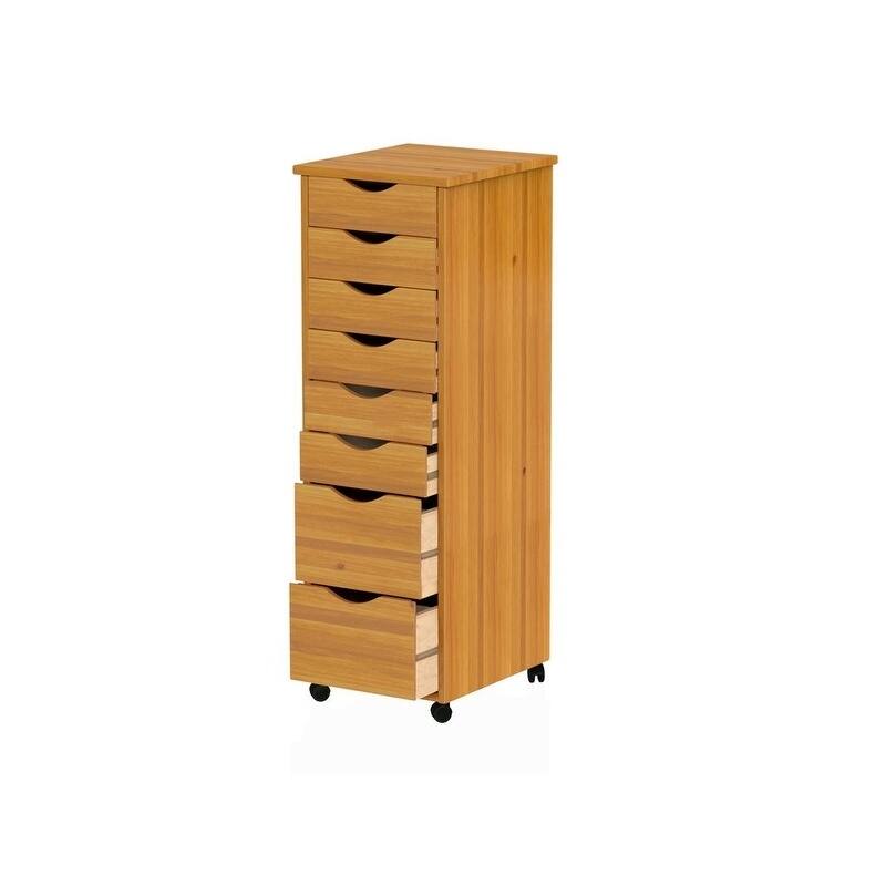 Adeptus Original Roll Cart, Solid Wood, 6 Plus 2 Drawer Narrow Roll Cart, Med Pine