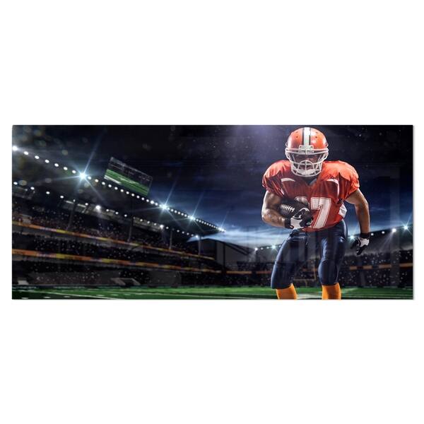 slide 1 of 11, Designart 'American Footballer in Action on Stadium' Sports Metal Wall Art 28 in. wide x 12 in. high - 1 panel
