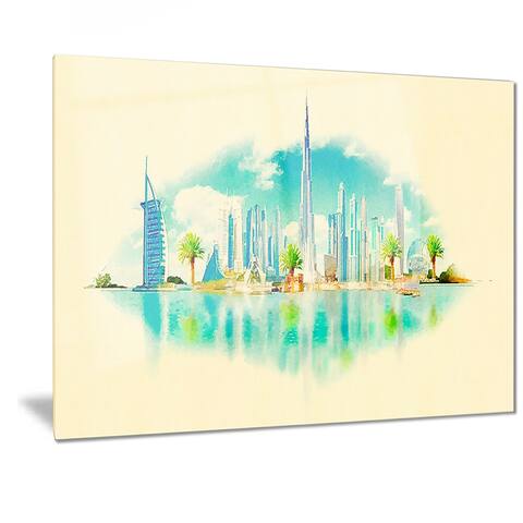 Designart 'Dubai Panoramic View' Cityscape Watercolor Metal Wall Art