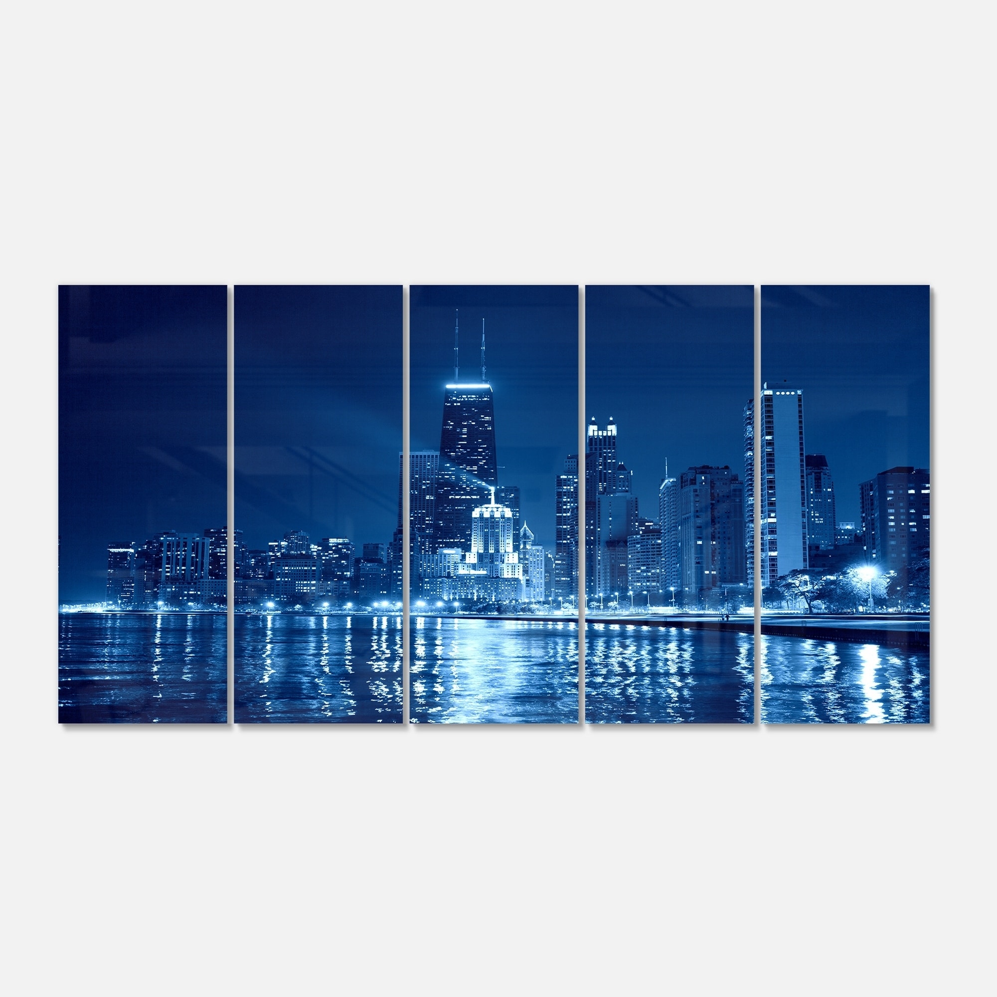 Designart Blue Chicago Skyline Night Cityscape Photo Metal Chicago Skyline Night Cityscape