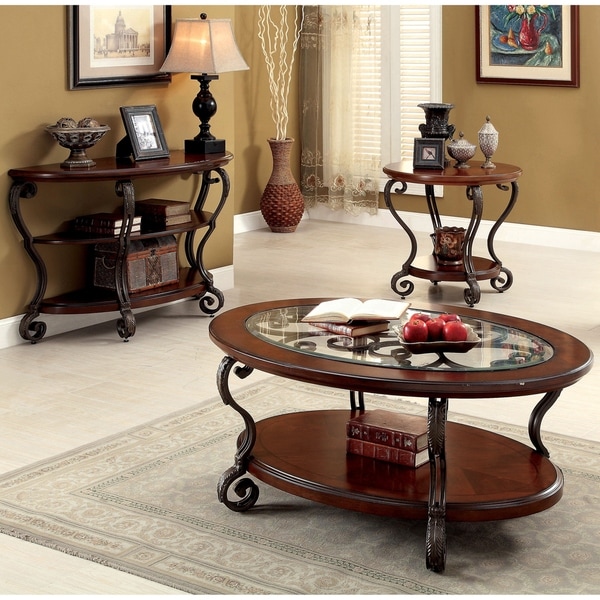 Furniture of America Cohler Elegant 3-piece Brown Cherry Accent Table Set