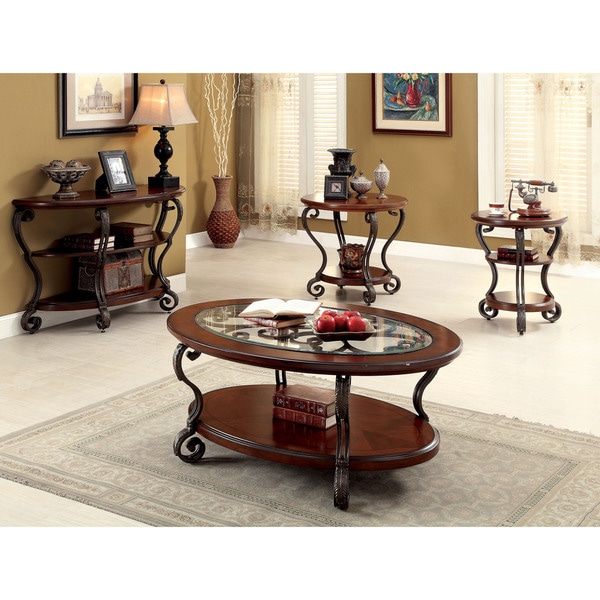 Furniture of America Cohler Elegant 3-piece Brown Cherry Accent Table Set