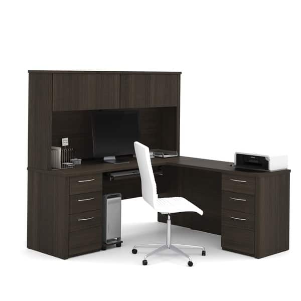 slide 6 of 16, Bestar Embassy 71" L-shaped desk with hutch Dark Chocolate