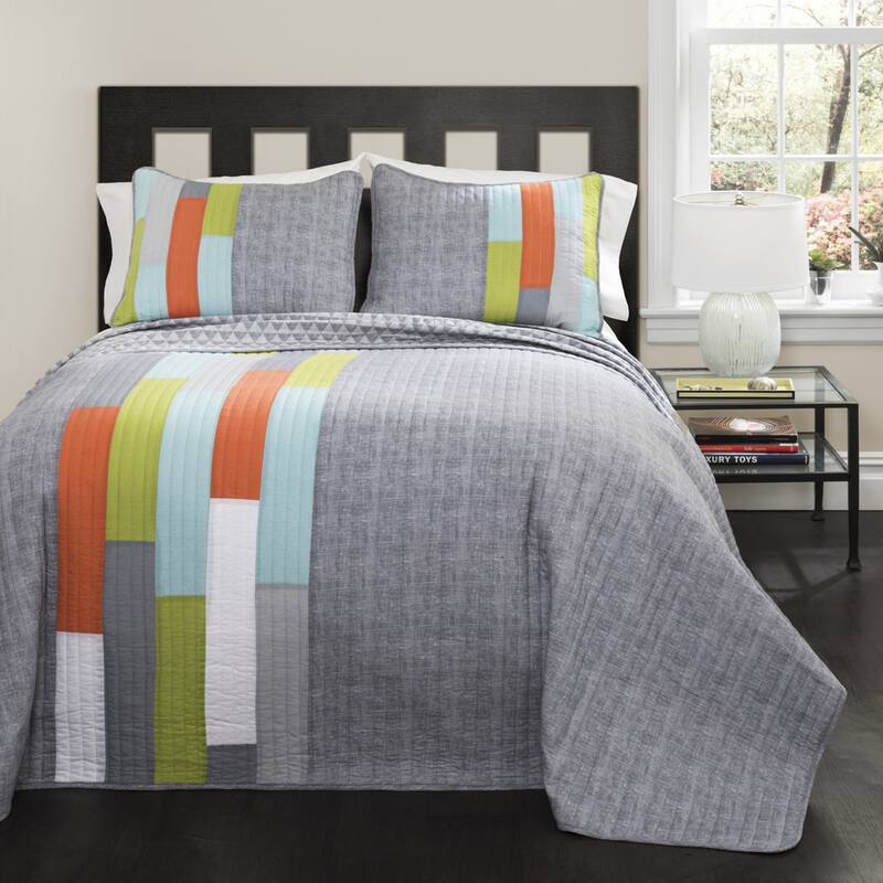 Lush Decor Shelly Stripe Quilt Set - Grey - Full - Queen