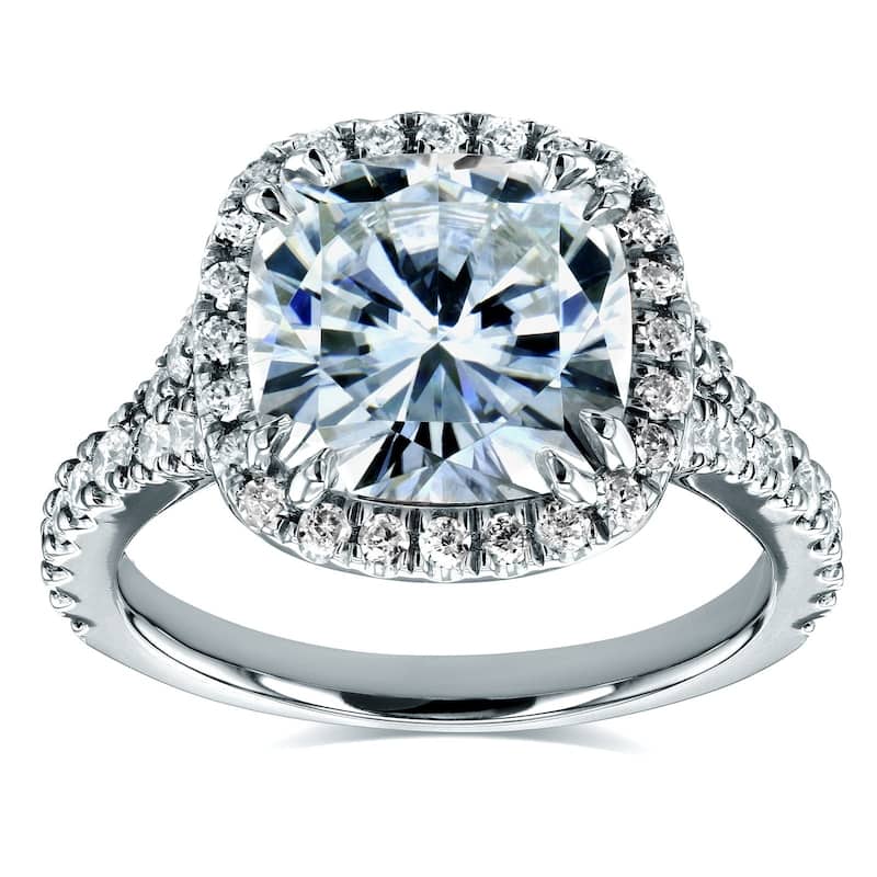 Kobelli 3.3 Carats Moissanite & Natural Diamond 14k Solid White Gold Cushion Halo Cathedral Vienna Ring