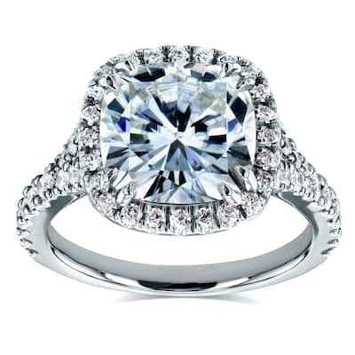 Kobelli 3.3 Carats Moissanite & Natural Diamond 14k Solid White Gold Cushion Halo Cathedral Vienna Ring