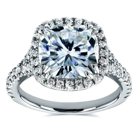 Annello by Kobelli 14k White Gold 3 1/3ct TGW Cushion Moissanite and 1/2ct Diamond Halo Cathedral Ring (GH/VS, GH/I)