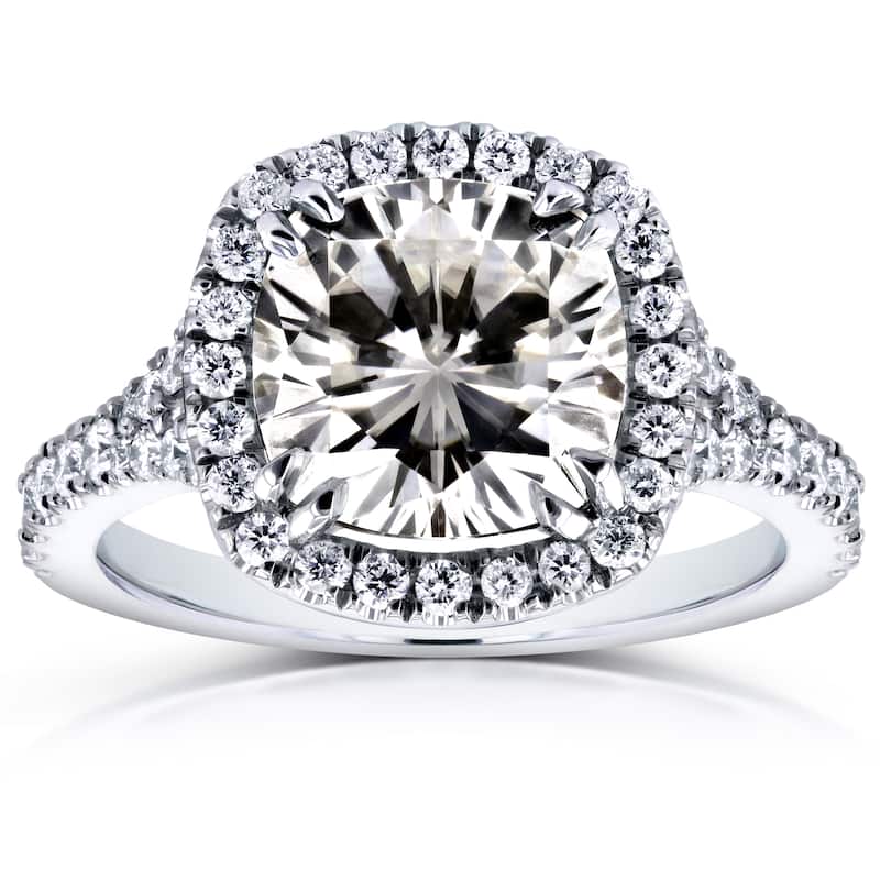 Kobelli 3.3 Carats Moissanite & Natural Diamond 14k Solid White Gold Cushion Halo Cathedral Vienna Ring
