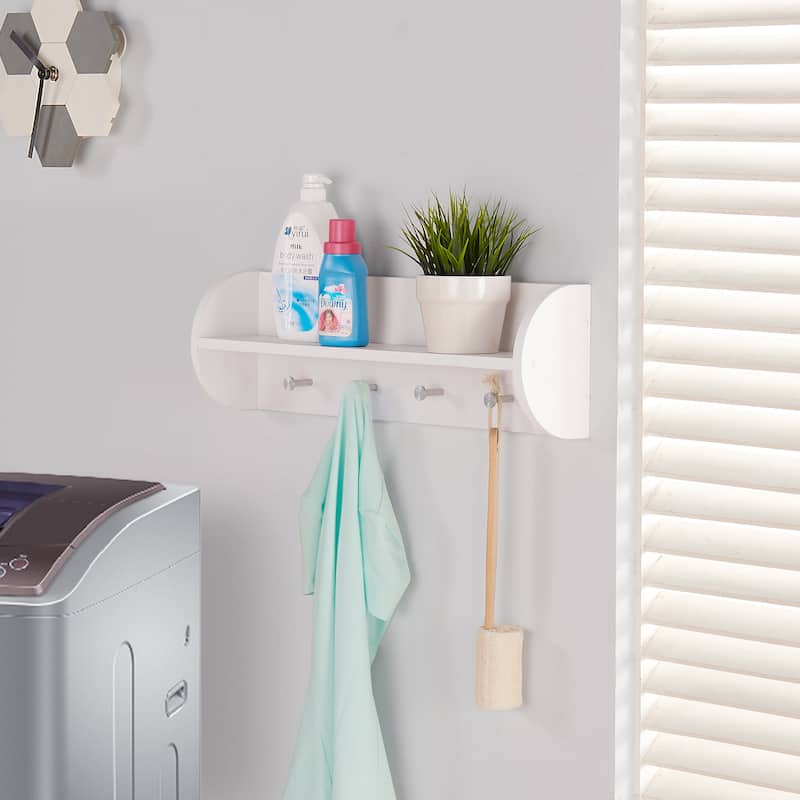 Danya B. White Utility Floating Shelf with Stainless Steel Hooks