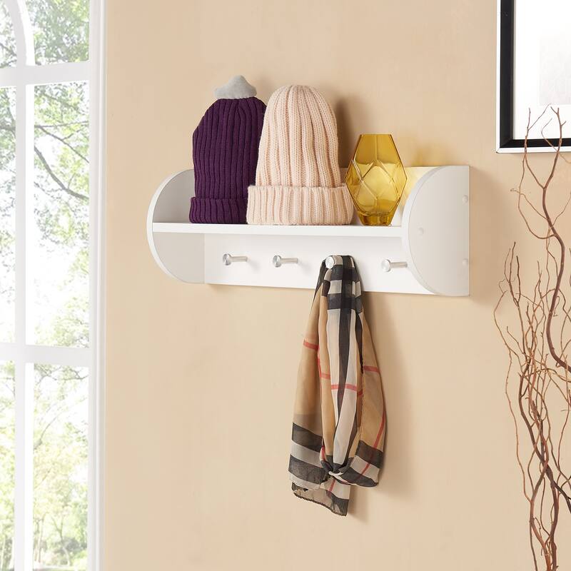Danya B. White Utility Floating Shelf with Stainless Steel Hooks
