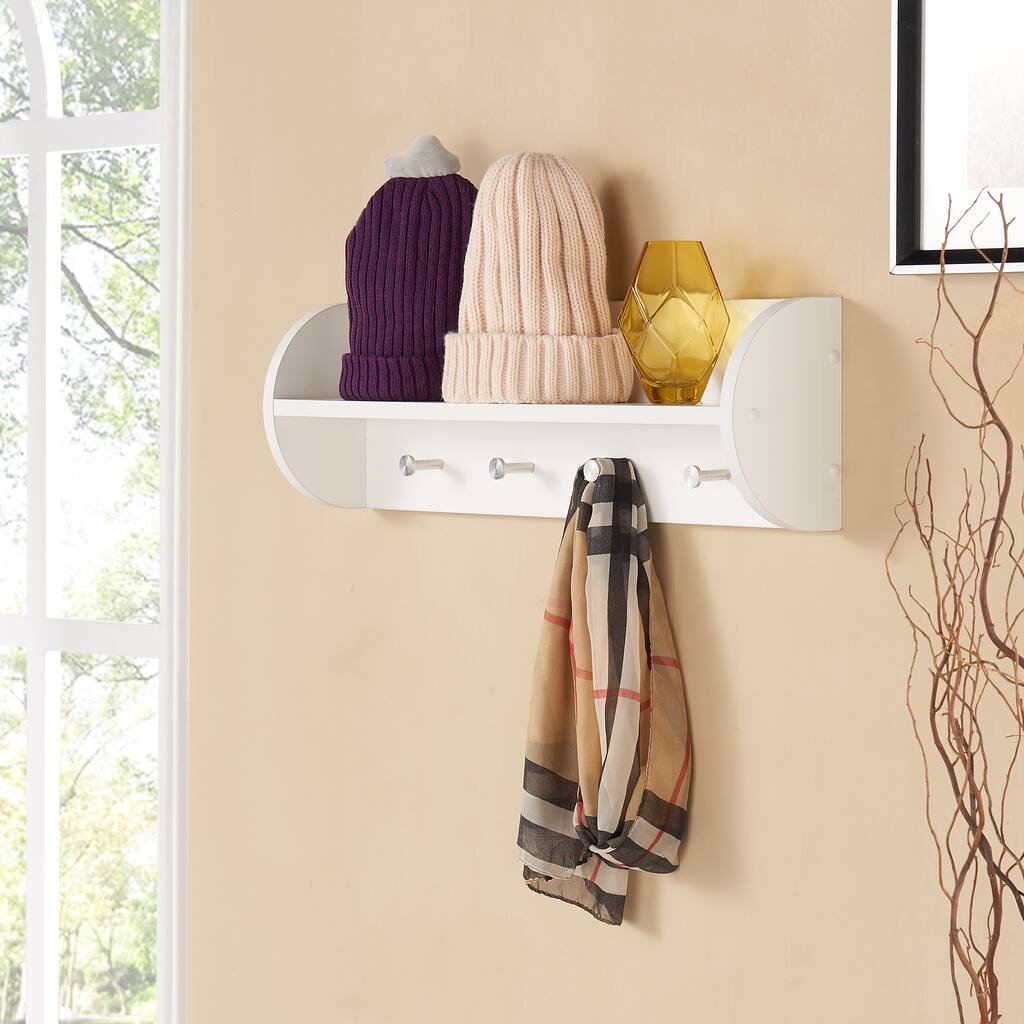 Danya B. White Utility Floating Shelf with Stainless Steel Hooks