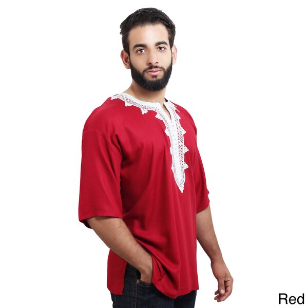 Moroccan Men Tunic Shirt Cafan Casual Handmade Embroidered Cotton Large Blue