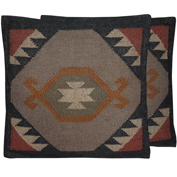Handmade Wool and Jute Kilim Pillow, Set of 2 (India) - 20" L x 20" W