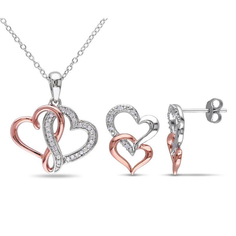Miadora 2-Tone White and Rose Plated Sterling Silver 1/5ct TDW Diamond Double Heart Earrings and Necklace Set (G-H, I2-I3)