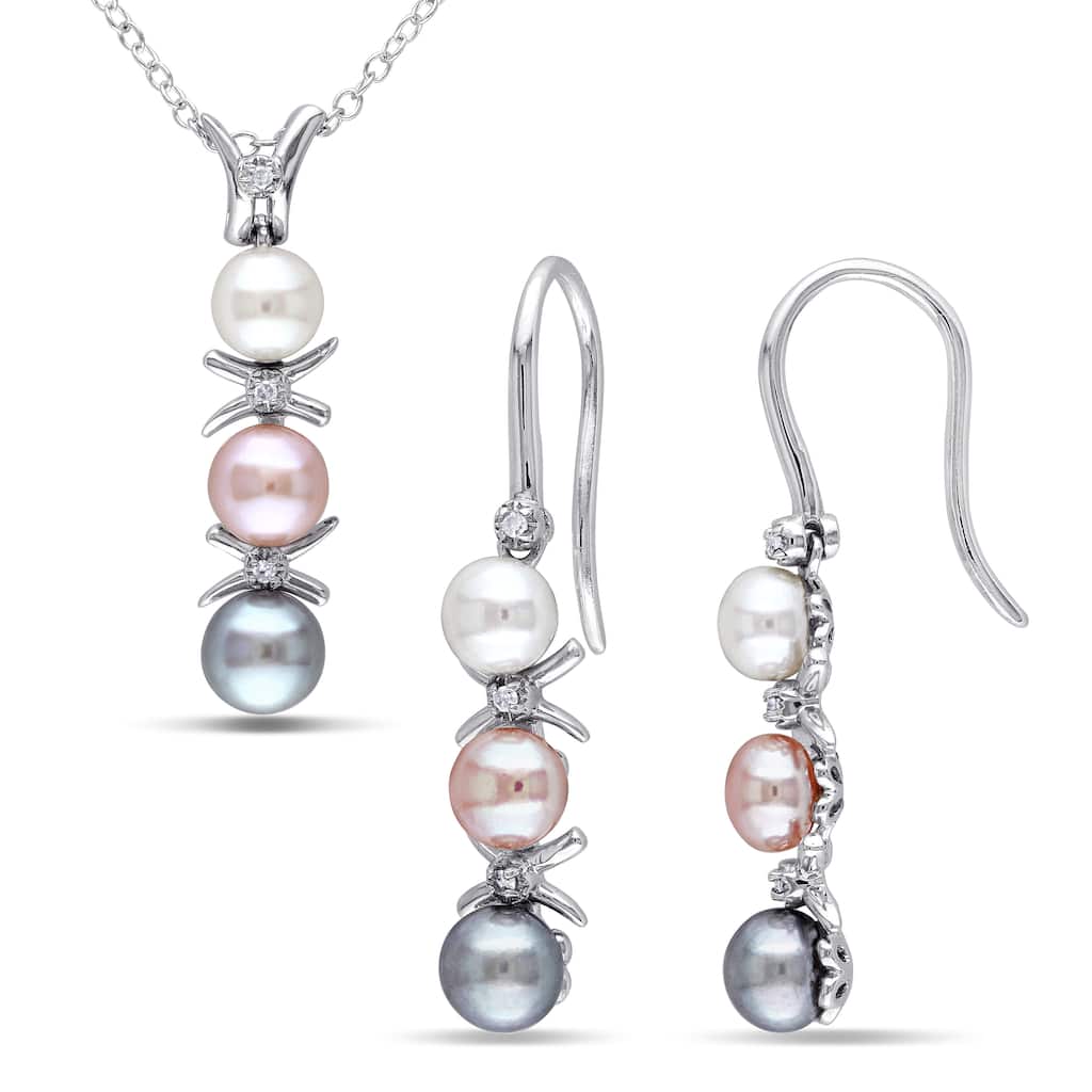 Miadora Sterling Silver Freshwater Grey Pink White Pearl Diamond Accent Necklace Earrings Set