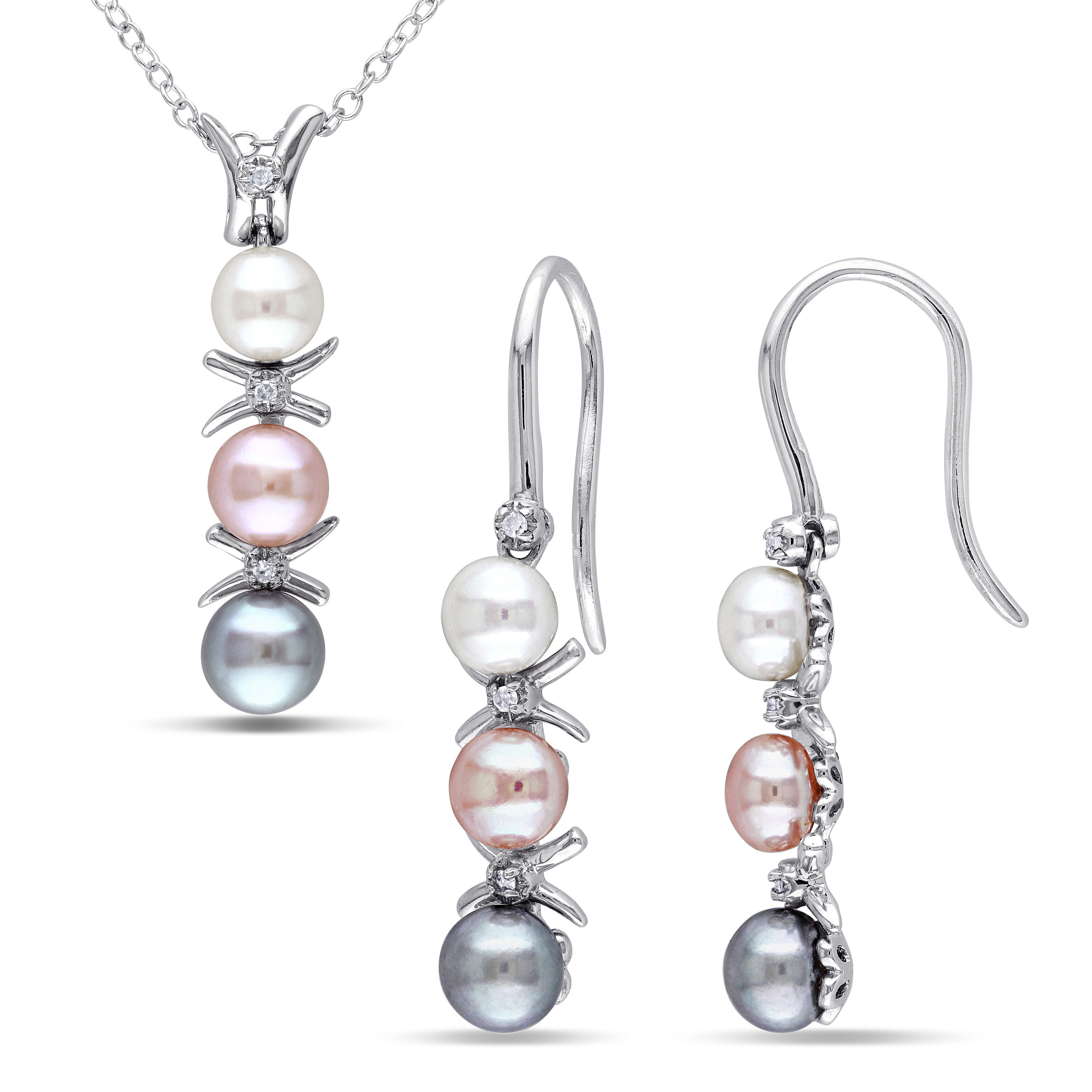Miadora Sterling Silver Freshwater Grey Pink White Pearl Diamond Accent Necklace Earrings Set