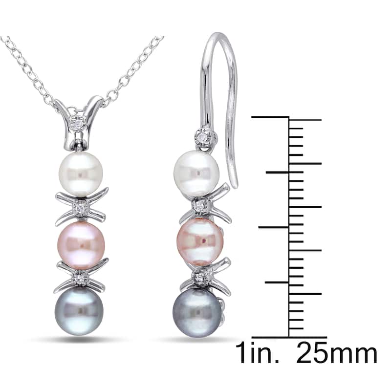 Miadora Sterling Silver Freshwater Grey, Pink and White Pearl and Diamond Accent 2-piece Drop Necklace and Earrings Set (4-6 mm)