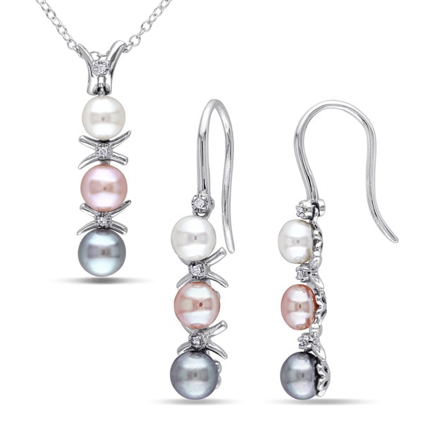 Miadora Sterling Silver Freshwater Grey, Pink and White Pearl and Diamond Accent 2-piece Drop Necklace and Earrings Set (4-6 mm). Opens flyout.