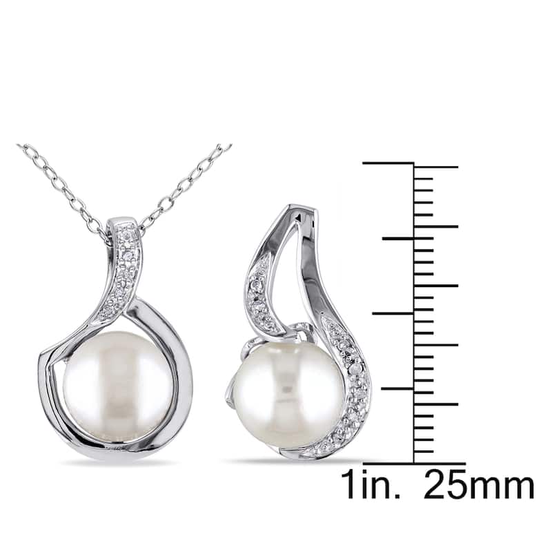 Miadora Sterling Silver Cultured Freshwater White Pearl and 1/10ct TDW Diamond 2-piece Drop Necklace and Earrings Set (9-9.5 mm)