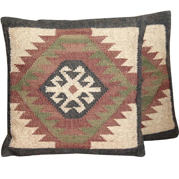 Handmade Indo Wool and Jute Kilim Pillow, Set of 2