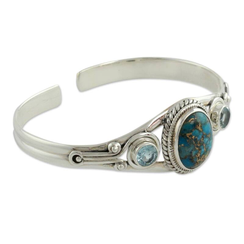 NOVICA Handmade Sterling Silver Azure Heavens Topaz Turquoise Bracelet (India) - Blue
