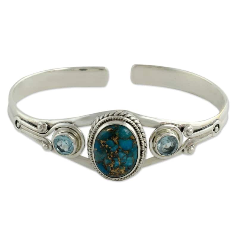 NOVICA Handmade Sterling Silver Azure Heavens Topaz Turquoise Bracelet (India) - Blue - Blue - 6 Inch - Blue - Topaz - White