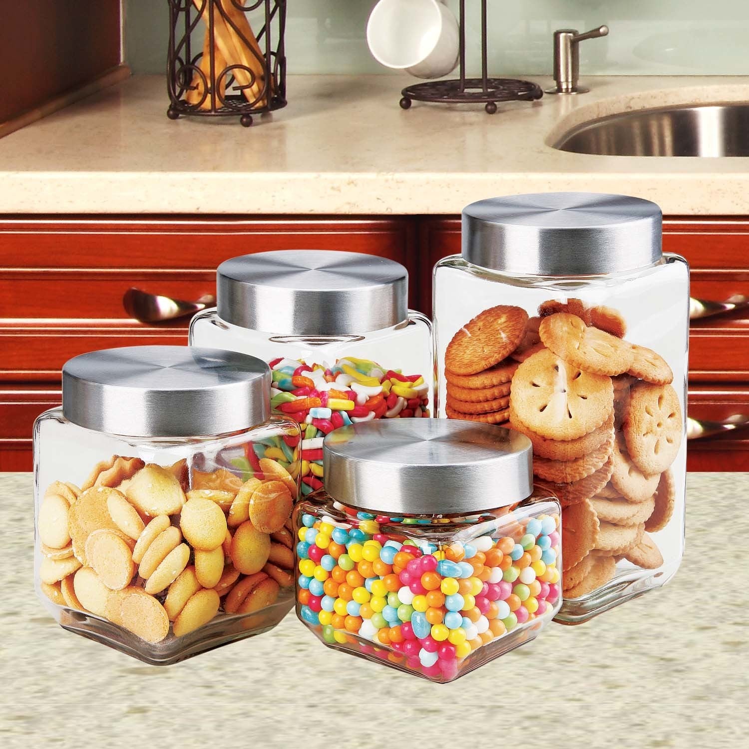 Bekith 4 Pack 15 FL OZ (450ml) Glass Food Storage Jar with Acacia Lids,  Airtight Sealed Clear Glass Canisters, Kitchen Food Storage Container for