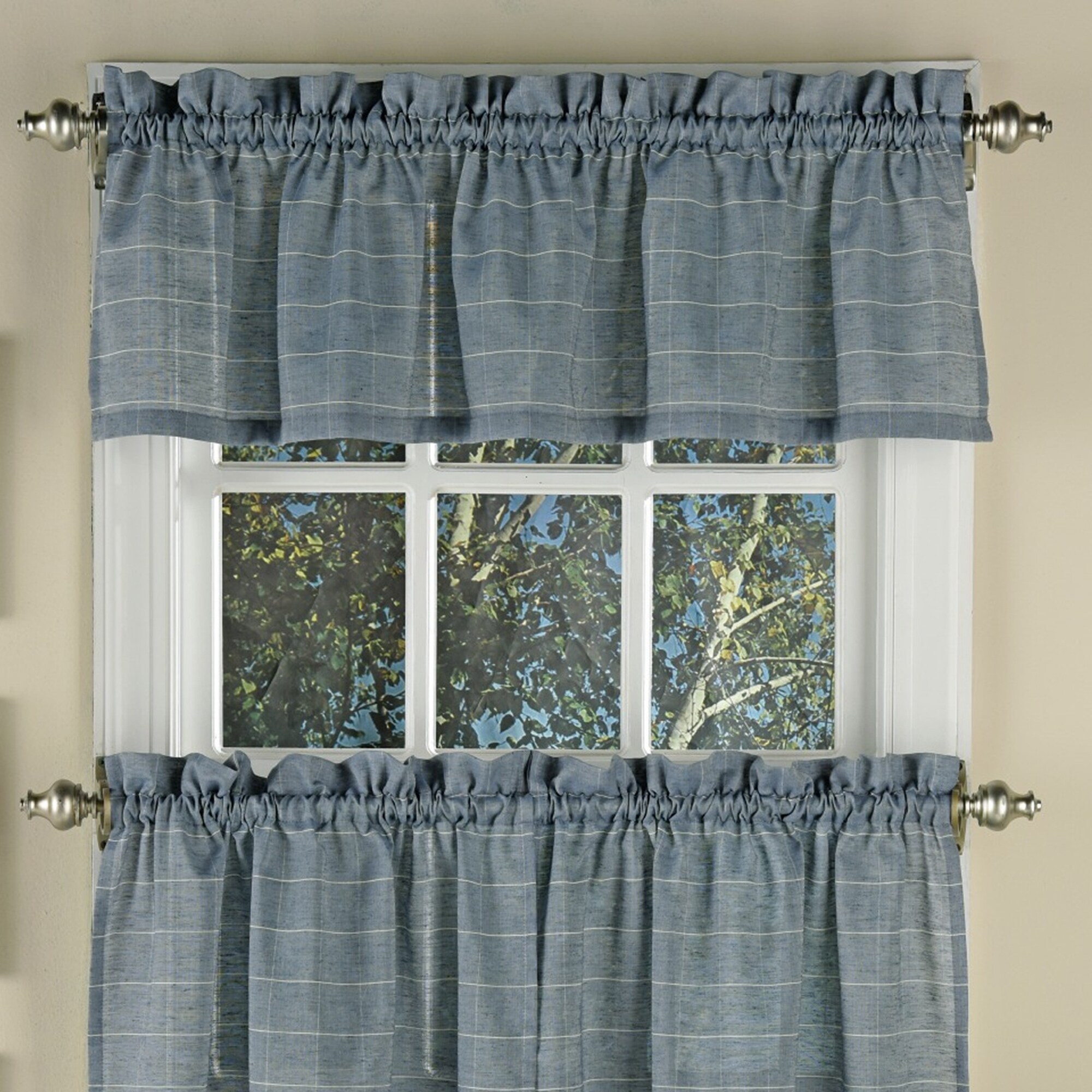 Vue Supple Woven Window Pane Pattern Kitchen Curtain Tiers or Valance Blue 