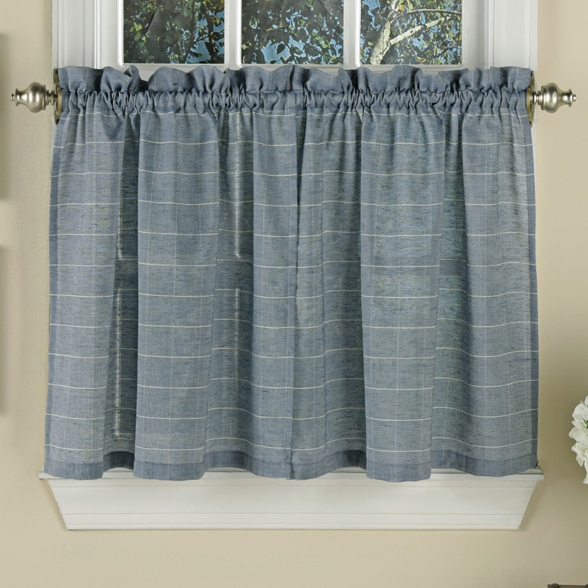 Shop Blue Woven Window Pane Curtain Pieces With Valance Tier