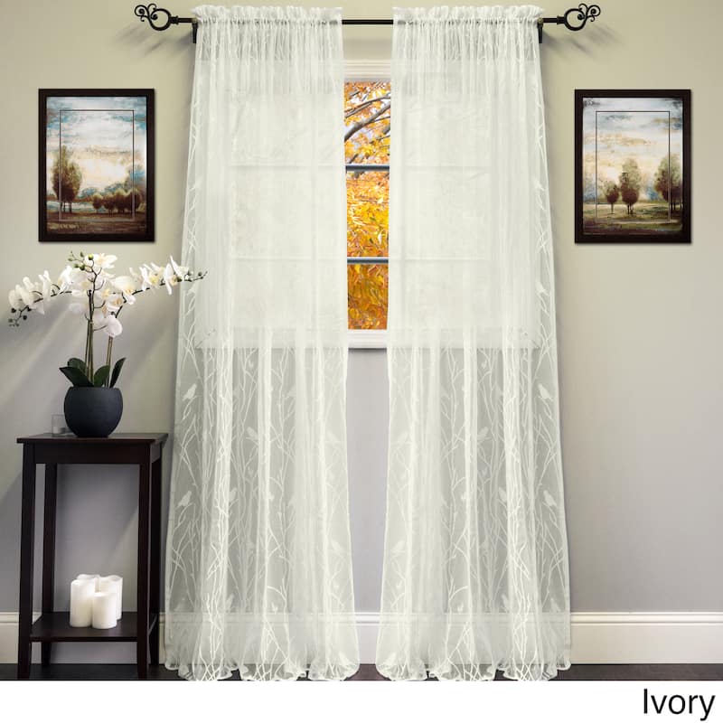 White/Ivory 56-inch x 84-inch Knit Lace Bird Motif Window Curtain Panel - 56 x 84 - 56 x 84 - Ivory
