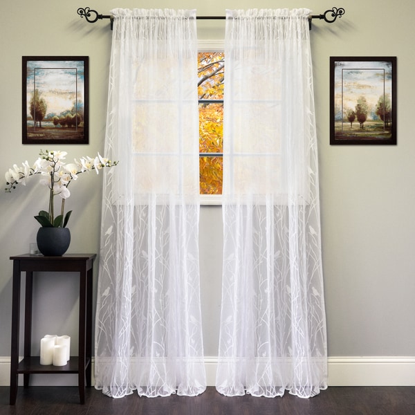 White/Ivory 56-inch x 84-inch Knit Lace Bird Motif Window Curtain Panel - 56 x 84 - 56 x 84