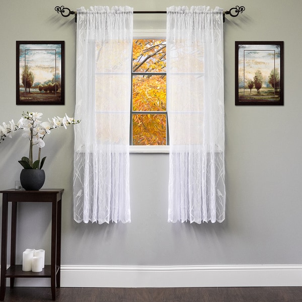 White/Ivory 56-inch x 63-inch Knit Lace Bird Motif Window Curtain Panel - 56 x 63 - 56 x 63