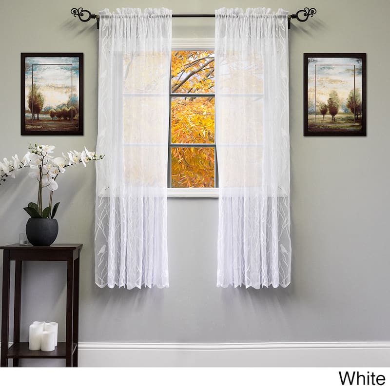 White/Ivory 56-inch x 63-inch Knit Lace Bird Motif Window Curtain Panel - 56 x 63 - 56 x 63 - White