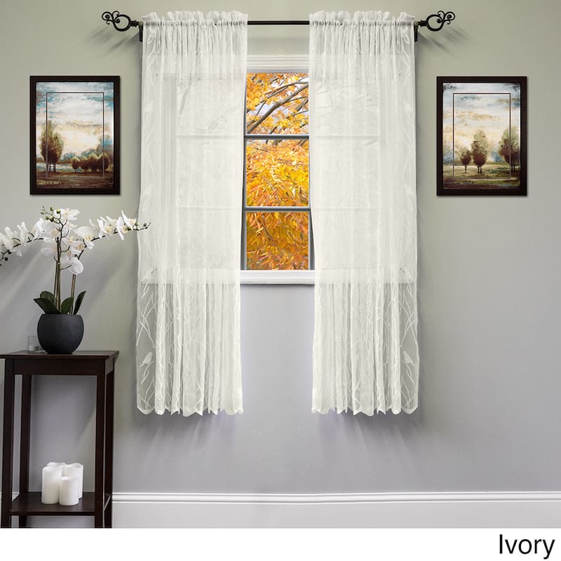 White/Ivory 56-inch x 63-inch Knit Lace Bird Motif Window Curtain Panel - 56 x 63 - 56 x 63 - Ivory