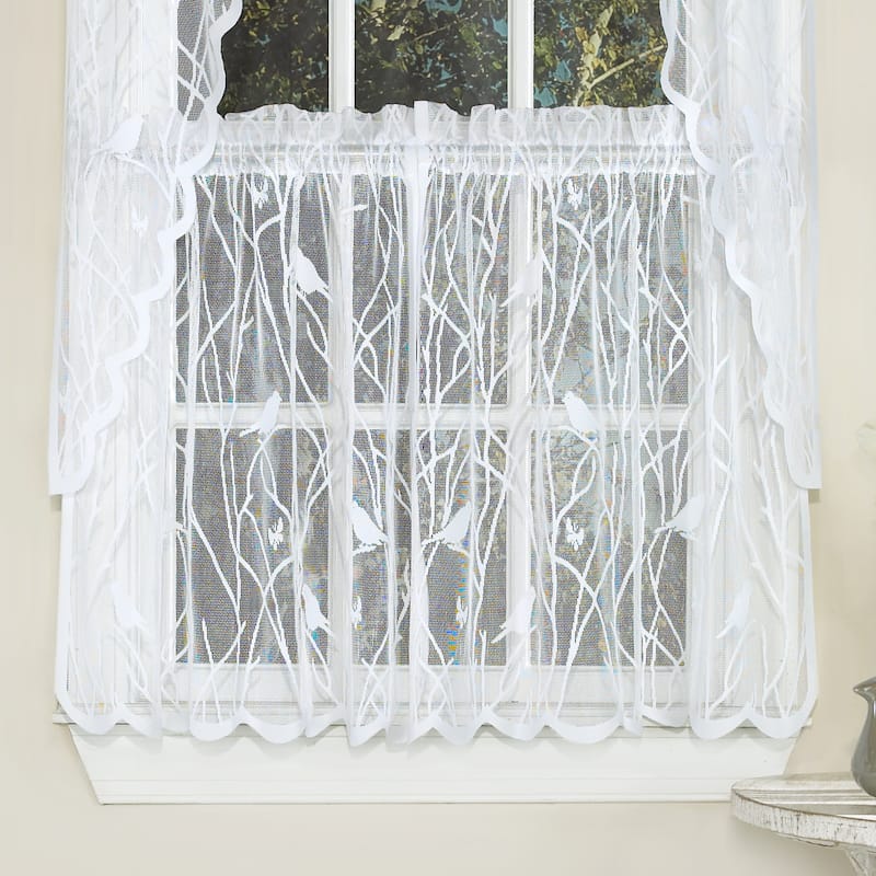 White Knit Lace Bird Motif Window Curtain Tiers, Valance and Swag Pair Options
