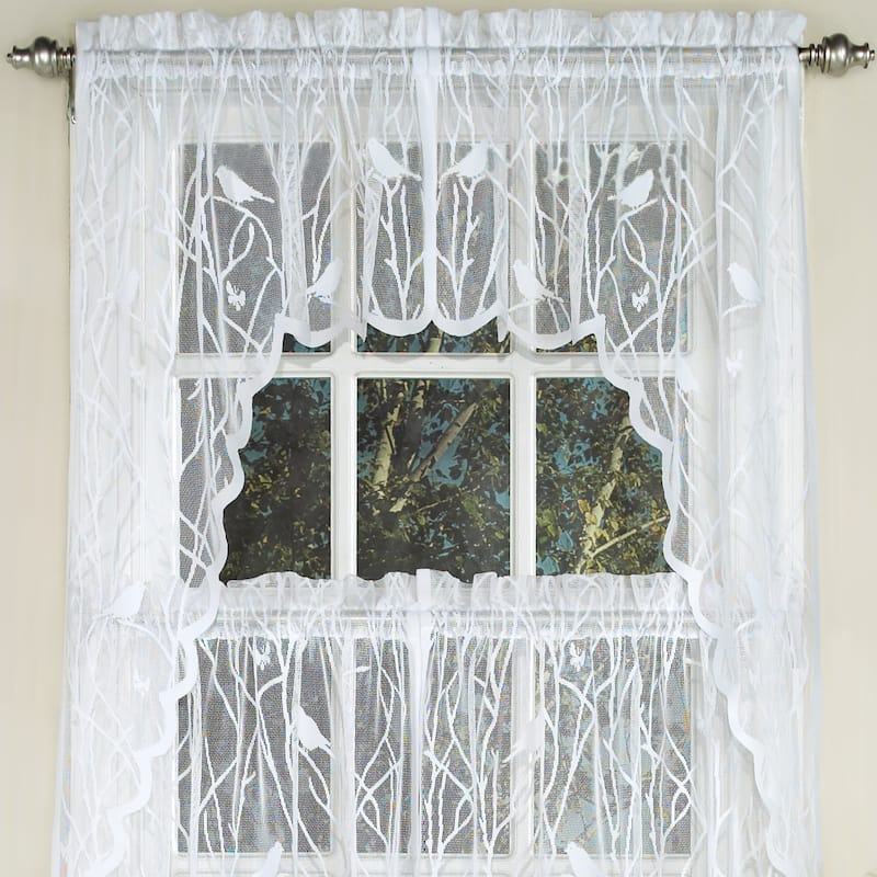 White Knit Lace Bird Motif Window Curtain Tiers, Valance and Swag Pair Options - swag pair