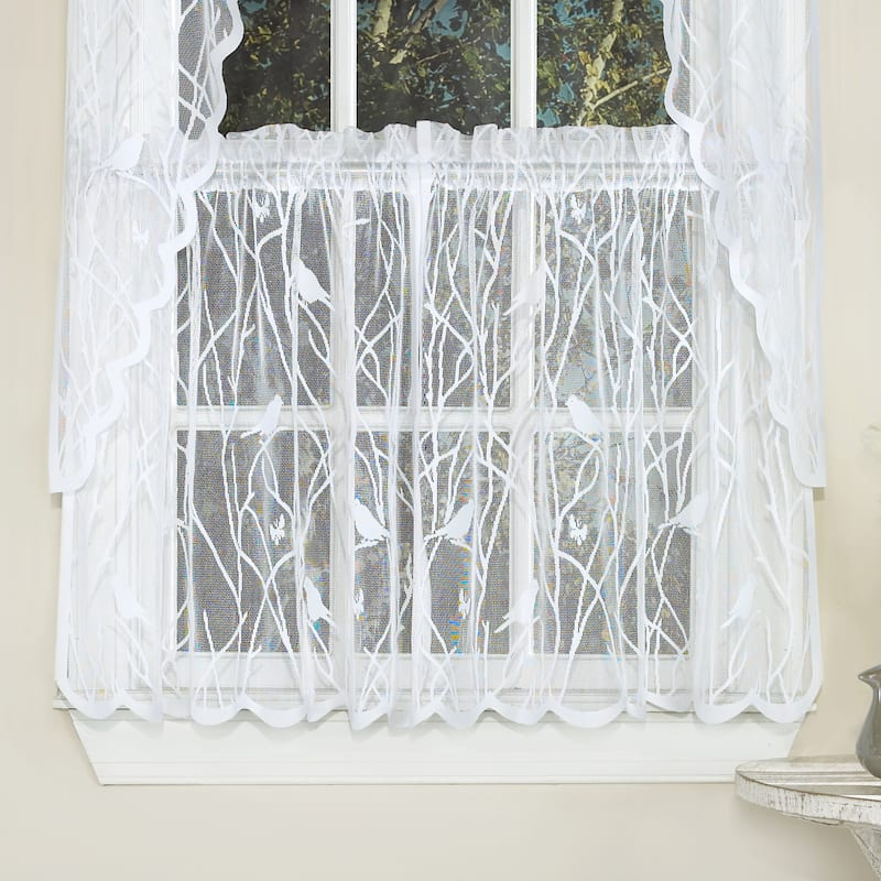 White Knit Lace Bird Motif Window Curtain Tiers, Valance and Swag Pair Options