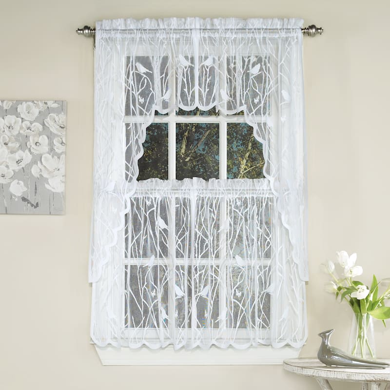 White Knit Lace Bird Motif Window Curtain Tiers, Valance and Swag Pair Options - 24 inch tier pair