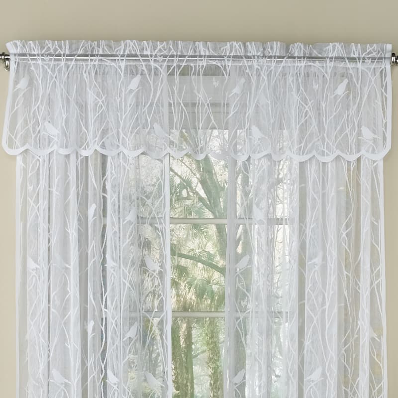White Knit Lace Bird Motif Window Curtain Tiers, Valance and Swag Pair Options - valance