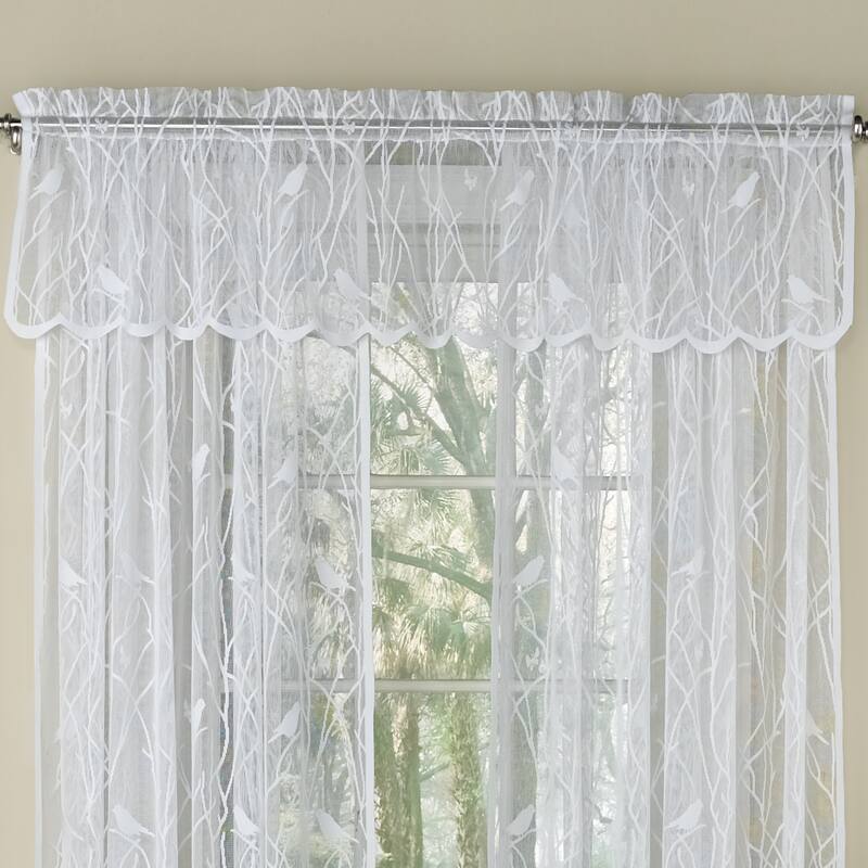 White Knit Lace Bird Motif Window Curtain Tiers, Valance and Swag Pair Options - valance
