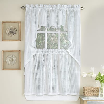 White Tone-on-tone Raised Microcheck Semisheer Window Curtain Pieces