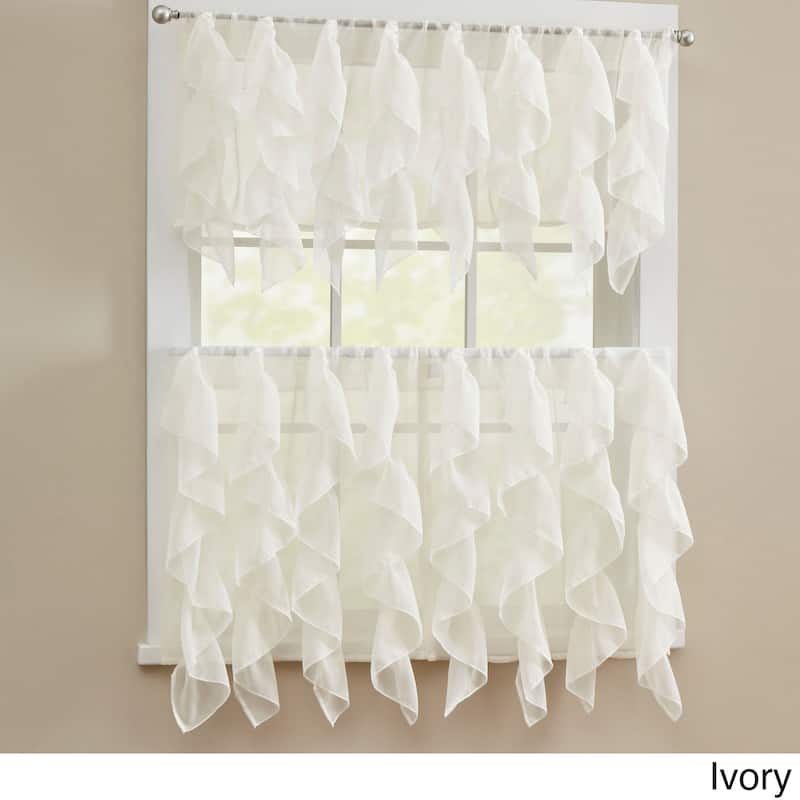 Chic Sheer Voile Vertical Ruffled Tier Window Curtain Valance and Tier - 12" VALANCE ONLY - Ivory