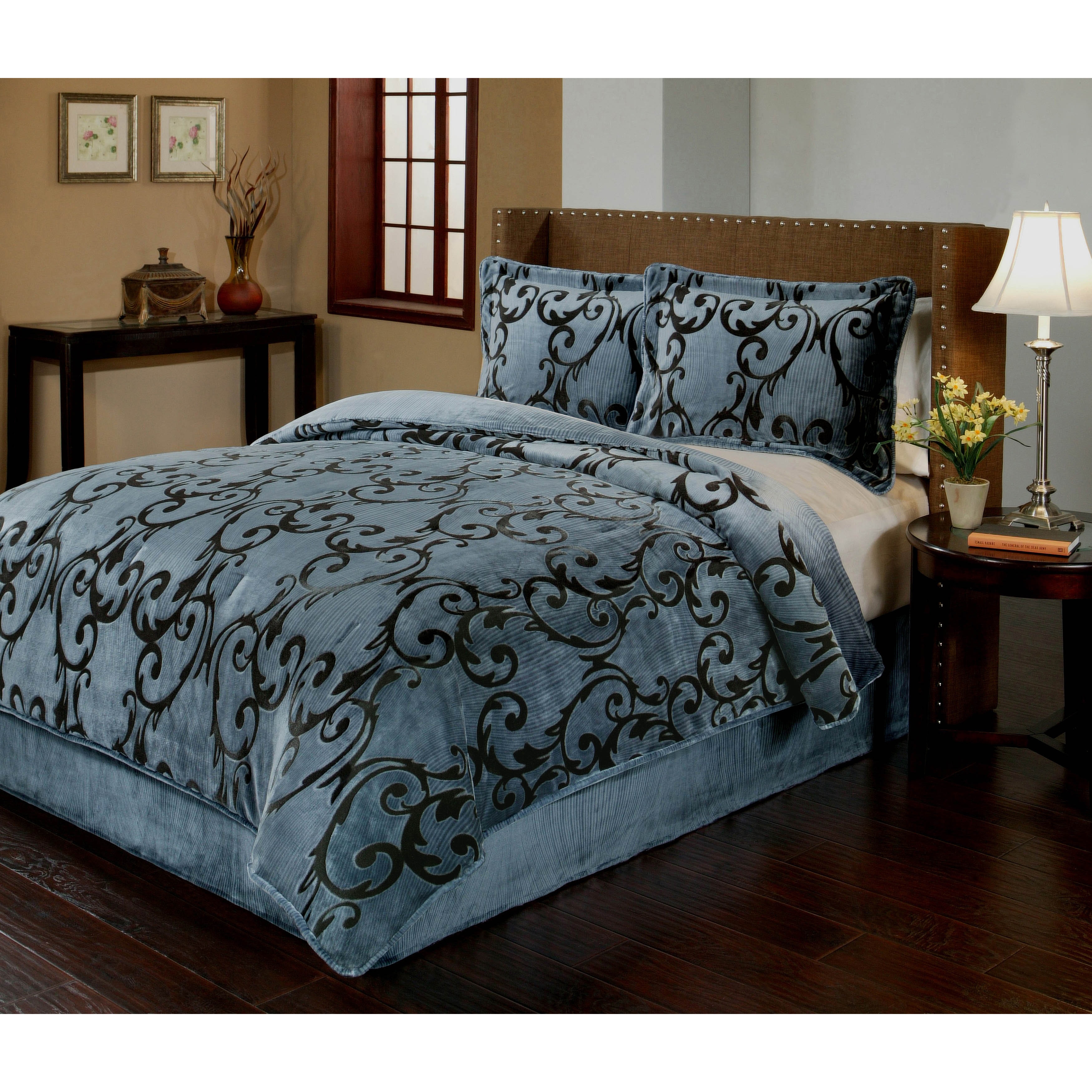 Provence Velvet Plush Print 3piece Comforter Set Blue Queen