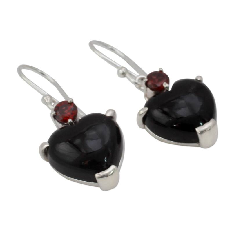 Handmade Sterling Silver 'Goth Love' Onyx Garnet Earrings (India)